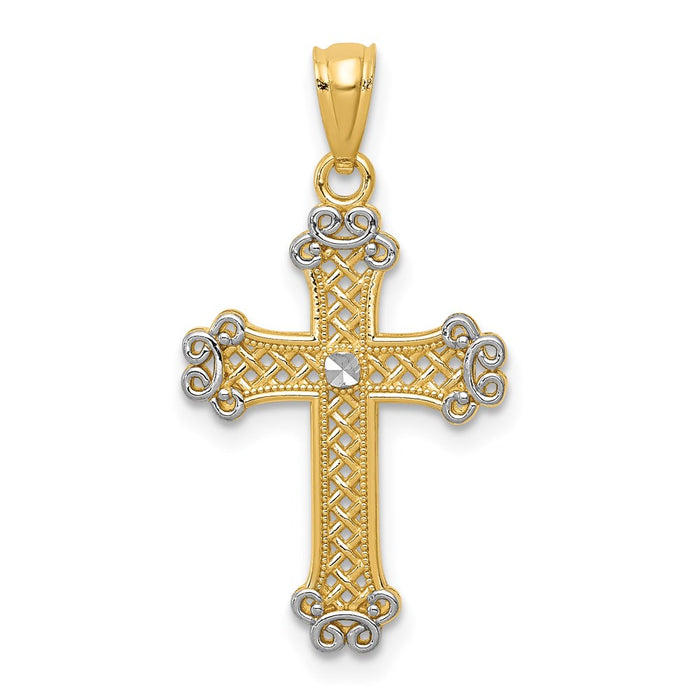 Million Charms 14K Yellow Gold Themed With Rhodium-plated Diamond-Cut Filigree Relgious Cross Pendant