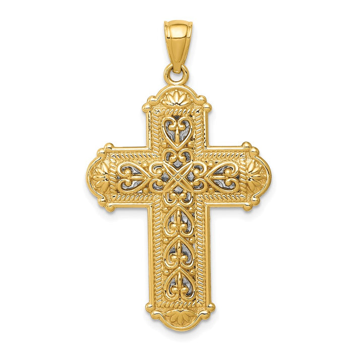 Million Charms 14K Yellow Gold Themed With Rhodium-plated Reversible Diamond-Cut Filigree Relgious Cross Pendant