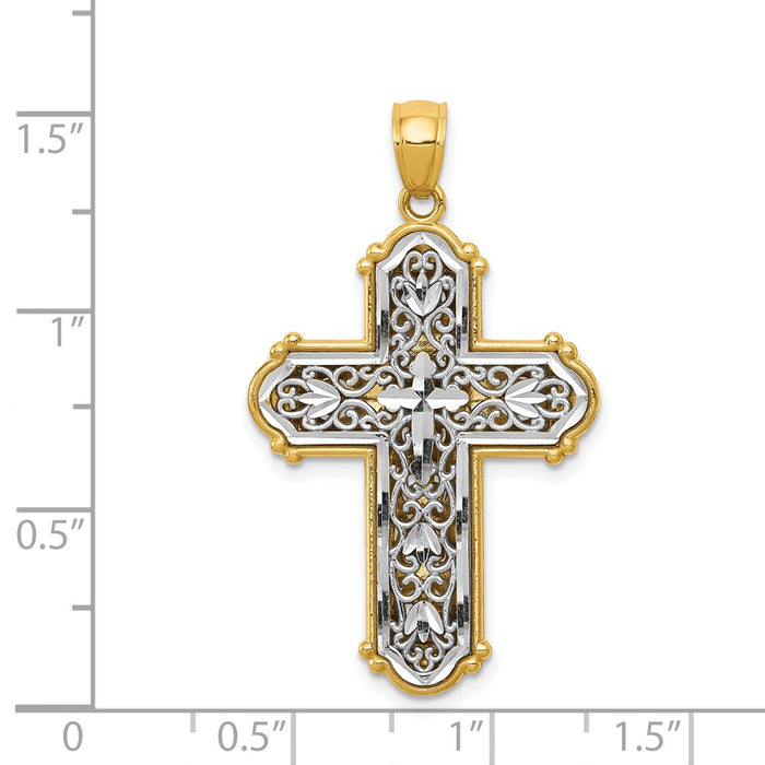 Million Charms 14K Yellow Gold Themed With Rhodium-plated Reversible Diamond-Cut Filigree Relgious Cross Pendant