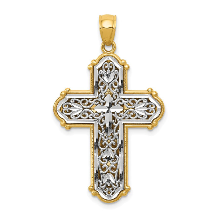 Million Charms 14K Yellow Gold Themed With Rhodium-plated Reversible Diamond-Cut Filigree Relgious Cross Pendant