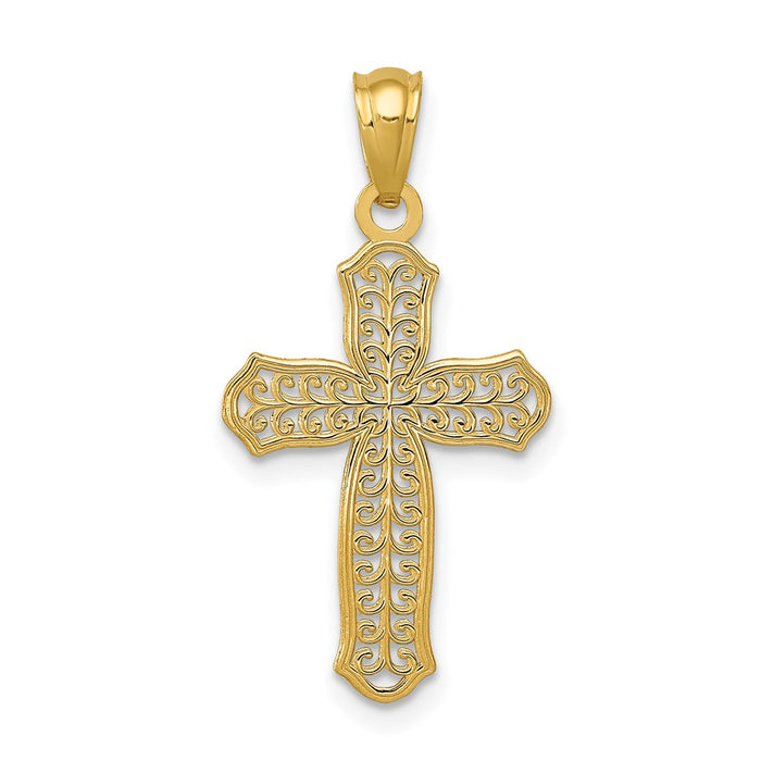 Million Charms 14K Yellow Gold Themed Diamond-Cut Polished Filigree Relgious Cross Pendant