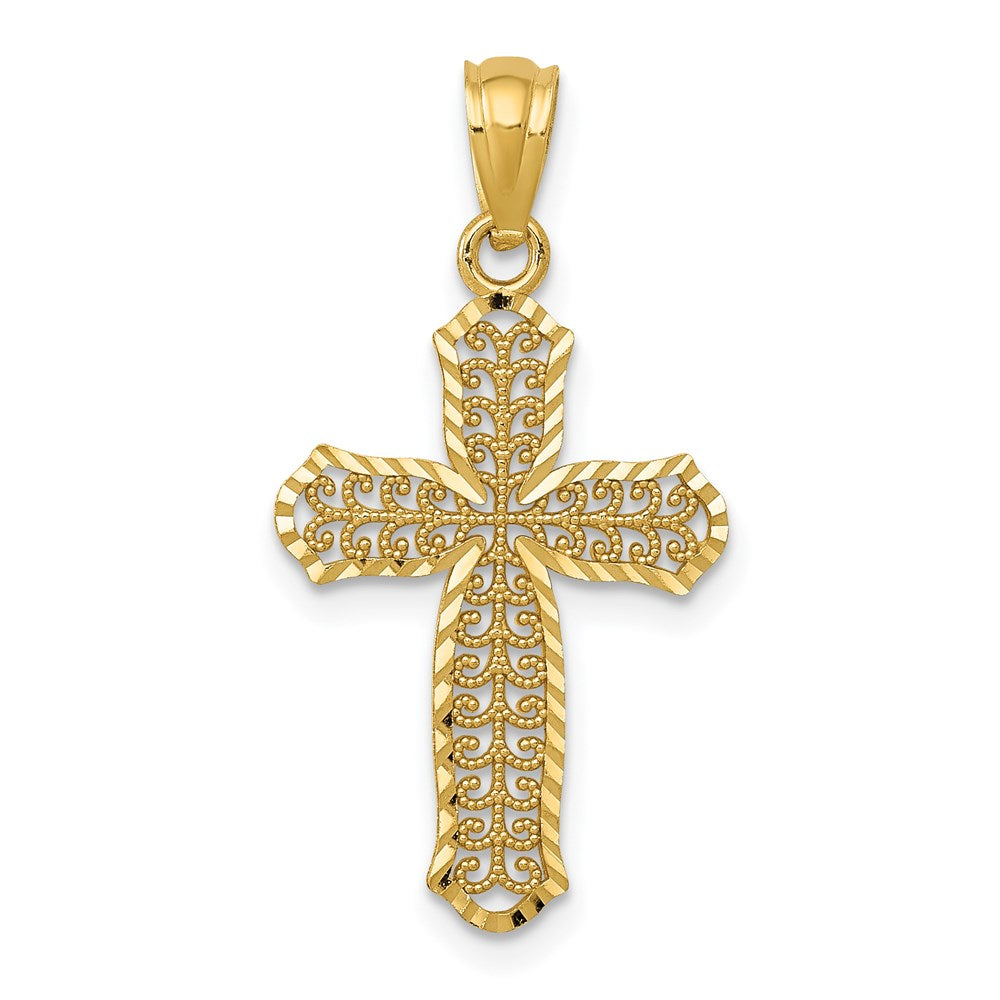Million Charms 14K Yellow Gold Themed Diamond-Cut Polished Filigree Relgious Cross Pendant