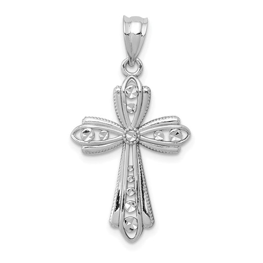 Million Charms 14K White Gold Themed Polished Diamond-Cut Fancy Relgious Cross Pendant
