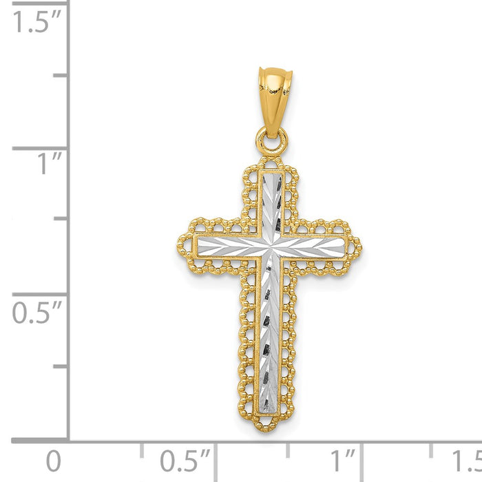 Million Charms 14K Yellow Gold Themed With Rhodium-plated Diamond-Cut Budded Relgious Cross Pendant