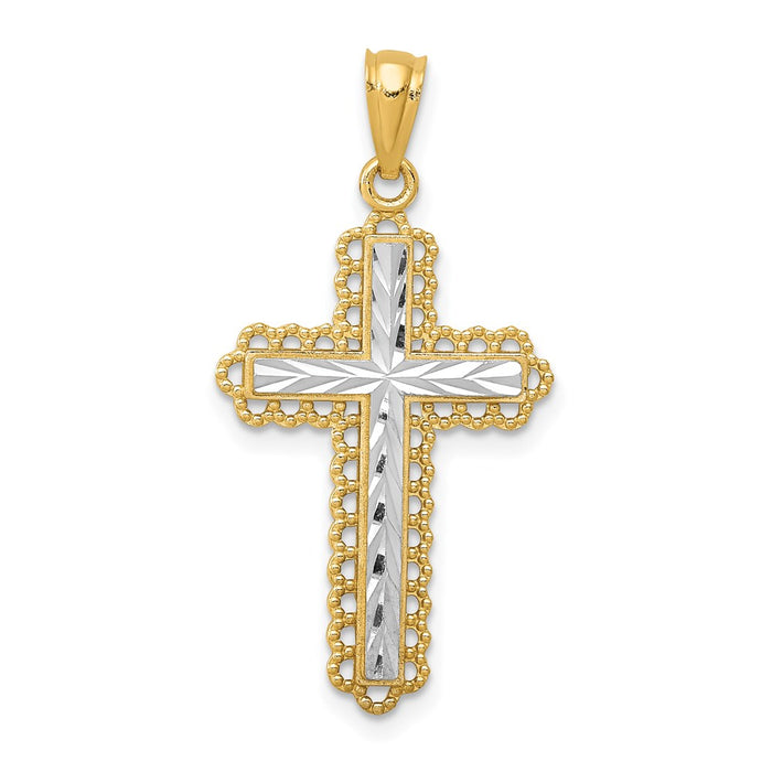 Million Charms 14K Yellow Gold Themed With Rhodium-plated Diamond-Cut Budded Relgious Cross Pendant