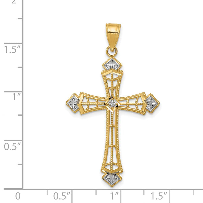 Million Charms 14K Yellow Gold Themed With Rhodium-plated Diamond-Cut Relgious Cross Pendant