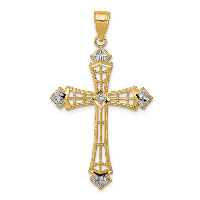 Million Charms 14K Yellow Gold Themed With Rhodium-plated Diamond-Cut Relgious Cross Pendant