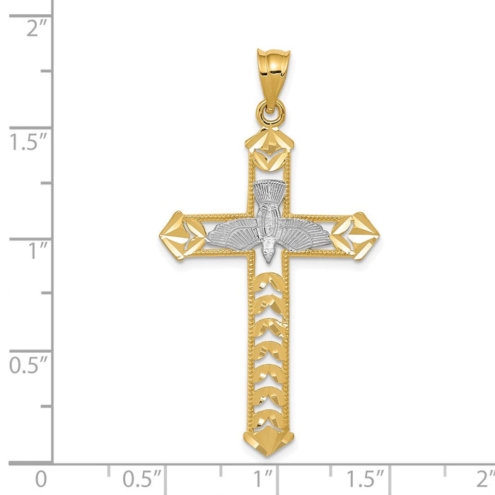 Million Charms 14K White Rhodium-plated With Yellow Polished Diamond-Cut Dove Relgious Cross Pendant