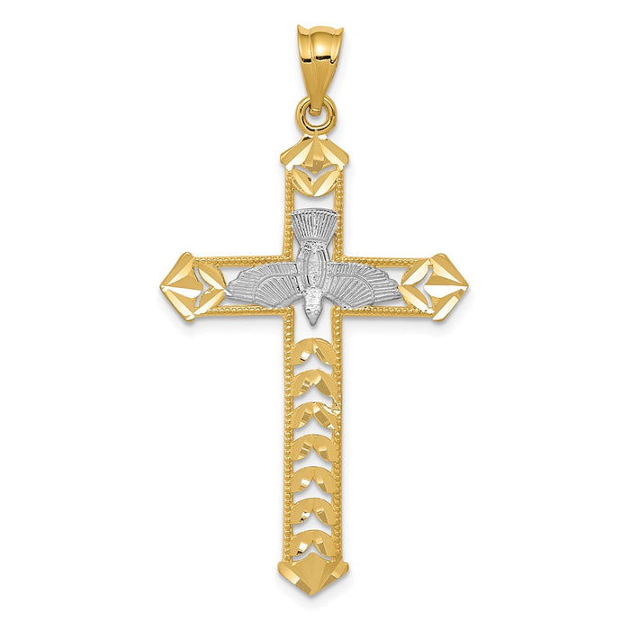 Million Charms 14K White Rhodium-plated With Yellow Polished Diamond-Cut Dove Relgious Cross Pendant