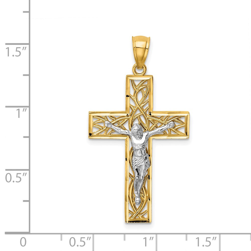Million Charms 14K Two-Tone Satin & Polished Diamond-Cut Relgious Crucifix With Vines Pendant