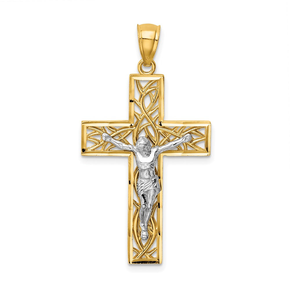 Million Charms 14K Two-Tone Satin & Polished Diamond-Cut Relgious Crucifix With Vines Pendant