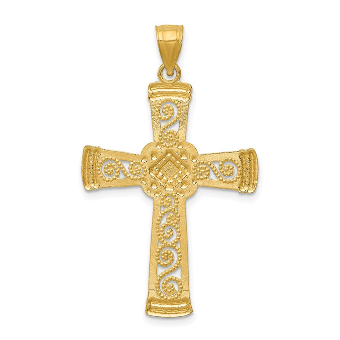 Million Charms 14K Yellow Gold Themed With Rhodium-plated Diamond-Cut Filigree Relgious Cross Pendant