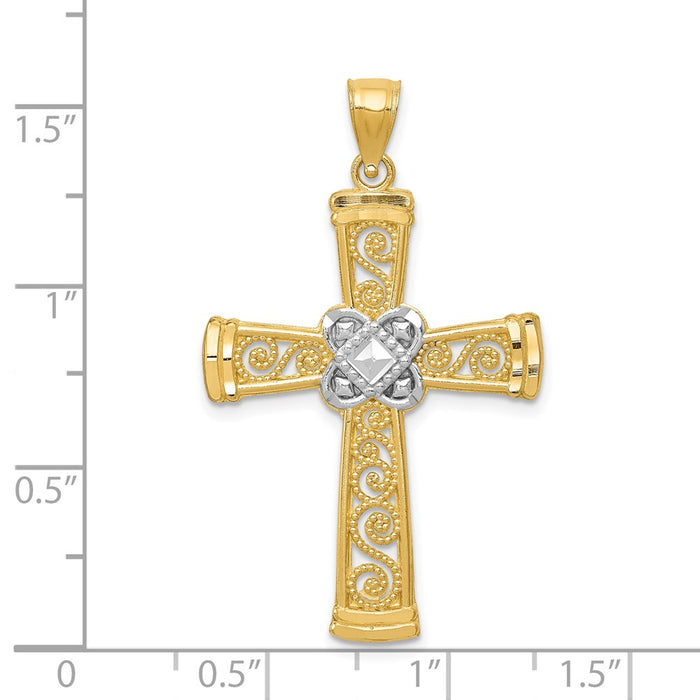 Million Charms 14K Yellow Gold Themed With Rhodium-plated Diamond-Cut Filigree Relgious Cross Pendant