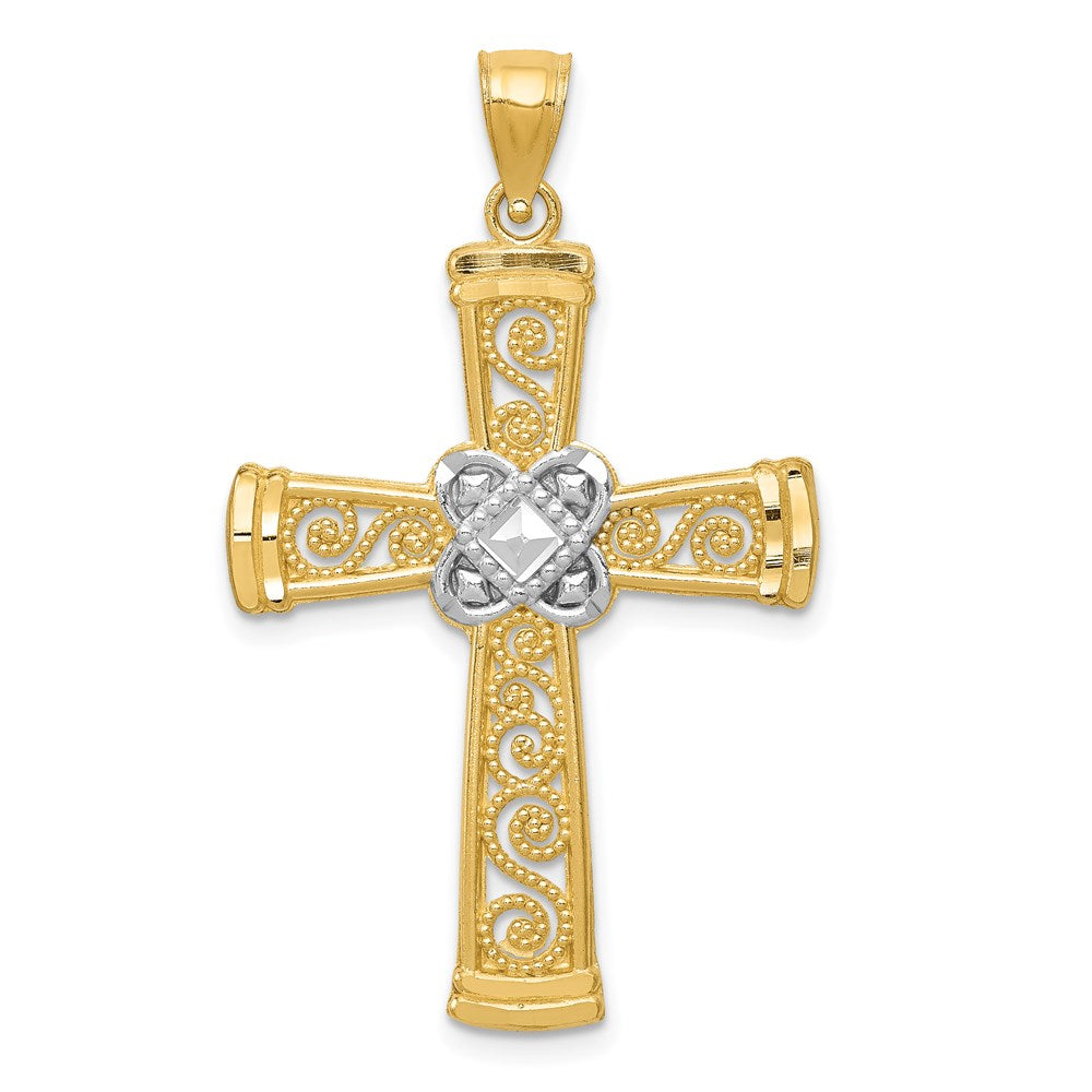 Million Charms 14K Yellow Gold Themed With Rhodium-plated Diamond-Cut Filigree Relgious Cross Pendant