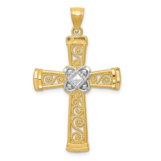Million Charms 14K Yellow Gold Themed With Rhodium-plated Diamond-Cut Filigree Relgious Cross Pendant