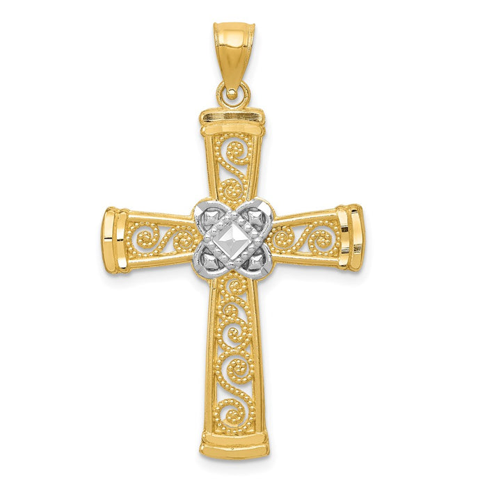 Million Charms 14K Yellow Gold Themed With Rhodium-plated Diamond-Cut Filigree Relgious Cross Pendant