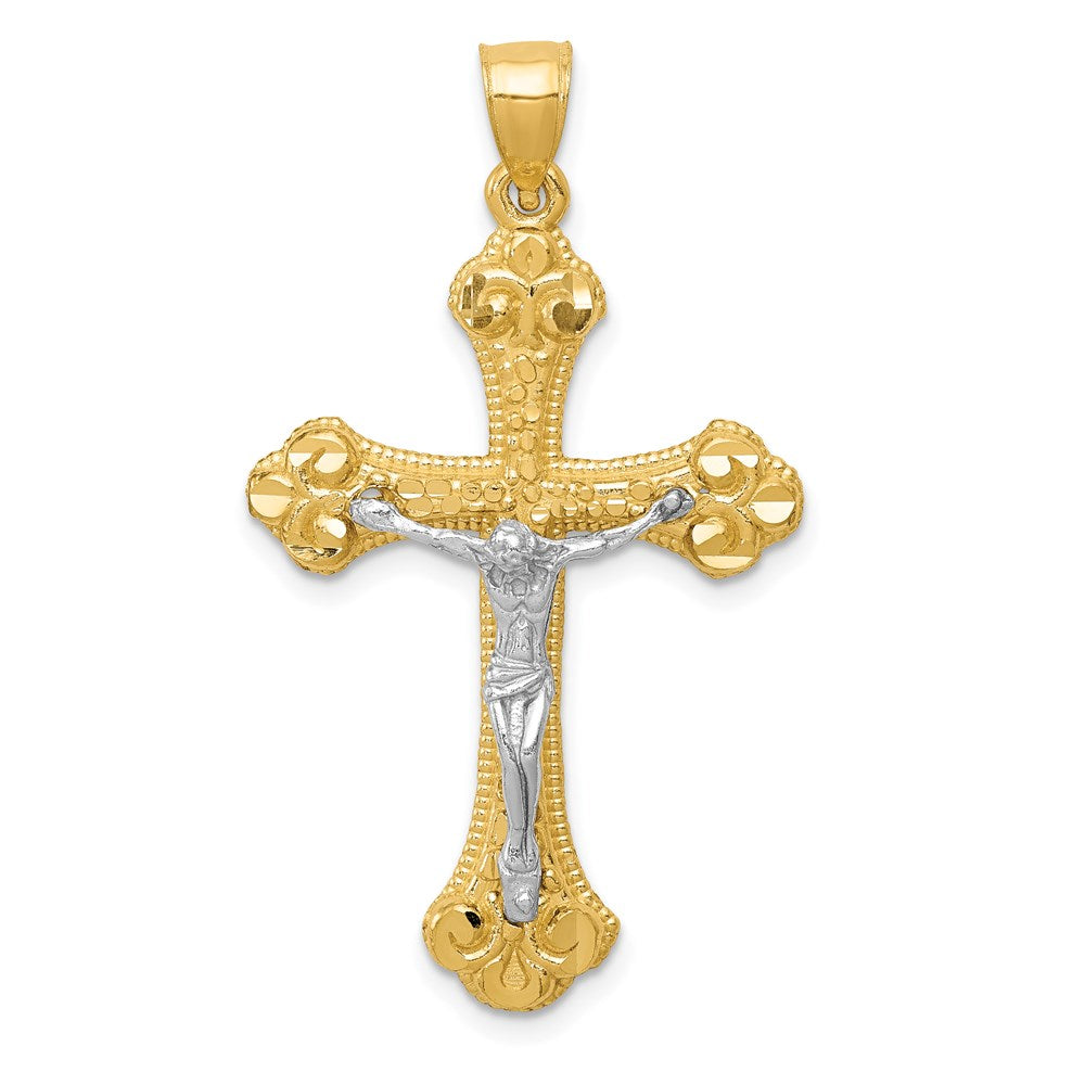 Million Charms 14K Two-Tone Diamond-Cut Budded Relgious Crucifix Pendant
