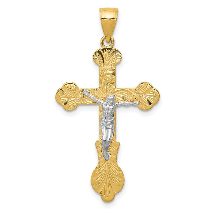Million Charms 14K Two-Tone Gold Themed Swirl Design Budded Relgious Crucifix Pendant