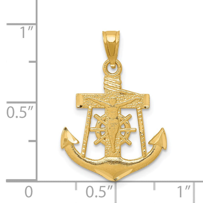 Million Charms 14K Yellow Gold Themed Satin Diamond-Cut Nautical Anchor With Relgious Crucifix Pendant