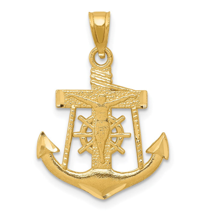 Million Charms 14K Yellow Gold Themed Satin Diamond-Cut Nautical Anchor With Relgious Crucifix Pendant