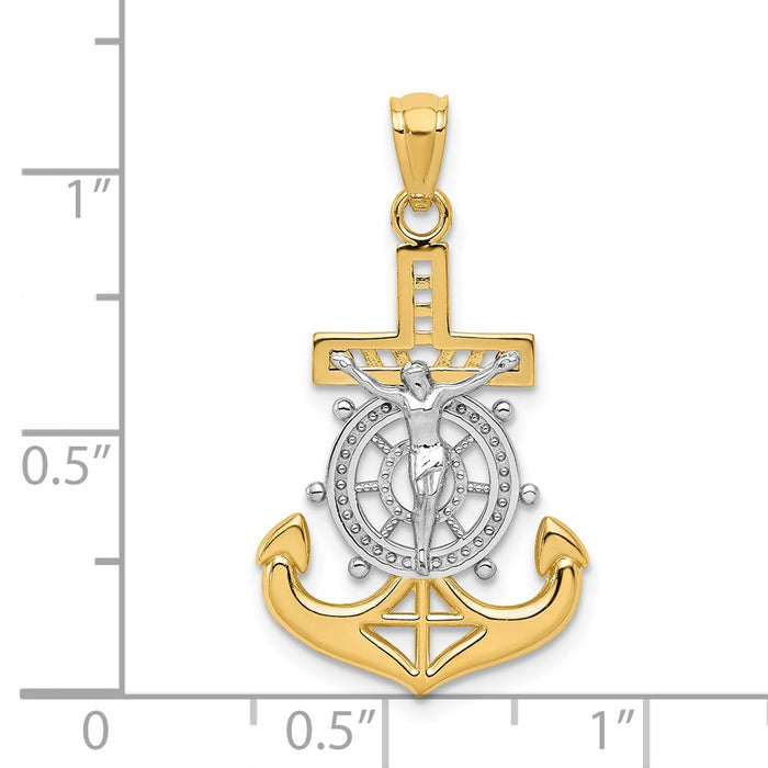 Million Charms 14K Yellow Gold Themed With Rhodium-plated Polished Mariners Relgious Crucifix Pendant