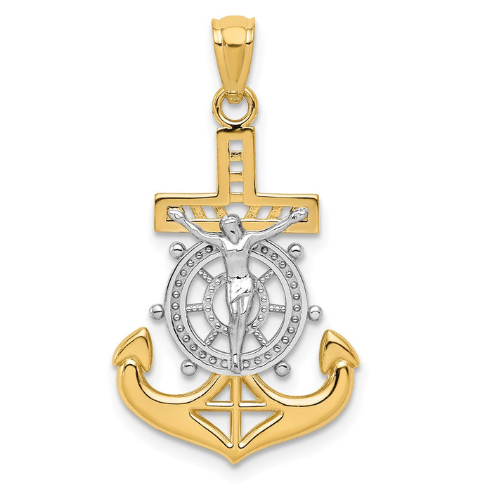 Million Charms 14K Yellow Gold Themed With Rhodium-plated Polished Mariners Relgious Crucifix Pendant