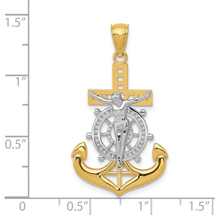 Million Charms 14K Yellow Gold Themed With Rhodium-plated Polished Mariners Relgious Crucifix Pendant