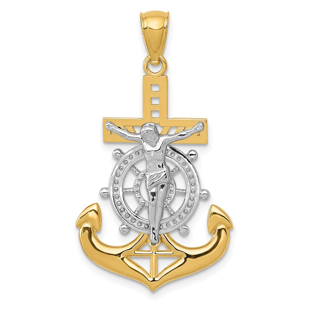 Million Charms 14K Yellow Gold Themed With Rhodium-plated Polished Mariners Relgious Crucifix Pendant