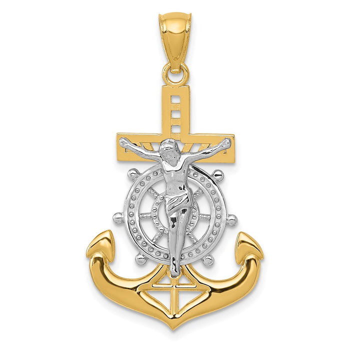 Million Charms 14K Yellow Gold Themed With Rhodium-plated Polished Mariners Relgious Crucifix Pendant