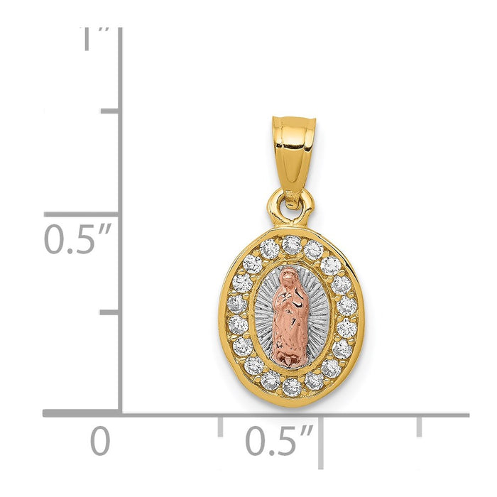 Million Charms 14K Two-Tone With White Rhodium-plated Diamond-Cut Oval (Cubic Zirconia) CZ Lady Of Guadalupe Pendant