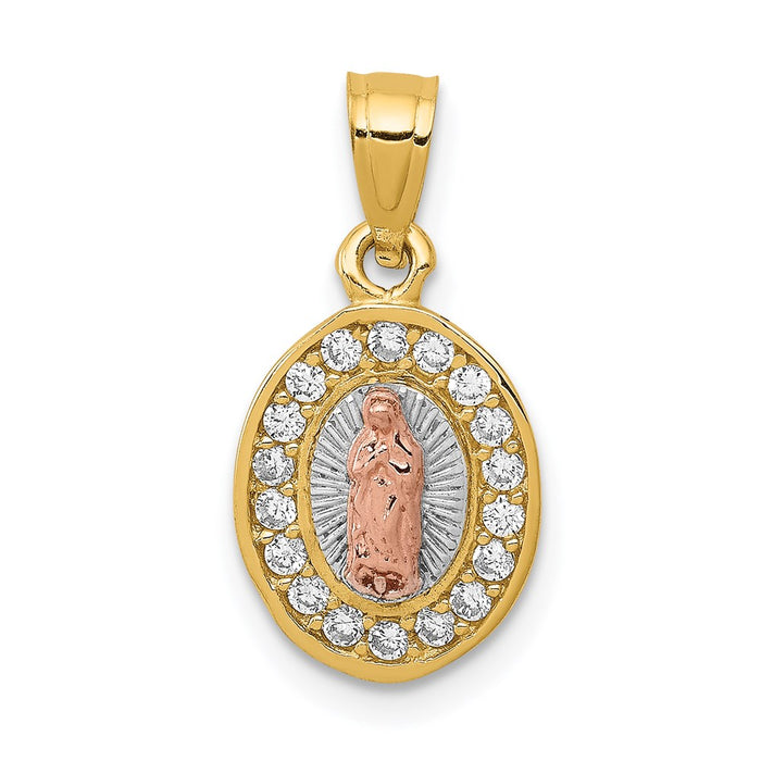 Million Charms 14K Two-Tone With White Rhodium-plated Diamond-Cut Oval (Cubic Zirconia) CZ Lady Of Guadalupe Pendant