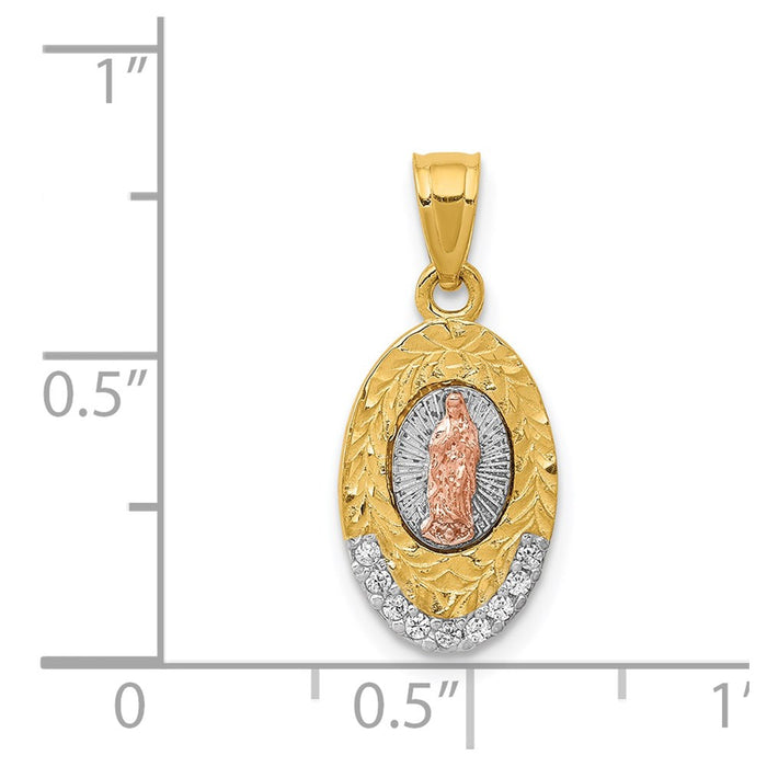 Million Charms 14K Two-Tone With White Rhodium-plated (Cubic Zirconia) CZ Lady Of Guadalupe Oval Pendant