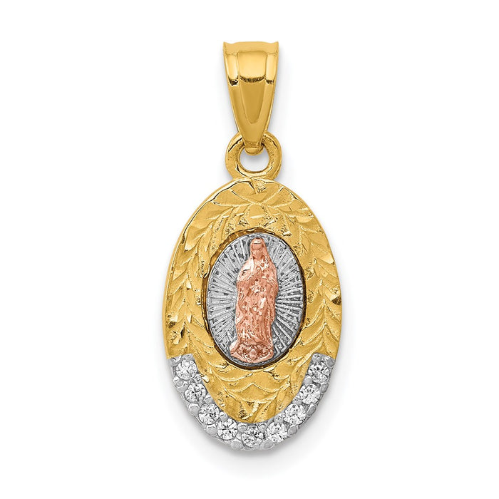 Million Charms 14K Two-Tone With White Rhodium-plated (Cubic Zirconia) CZ Lady Of Guadalupe Oval Pendant