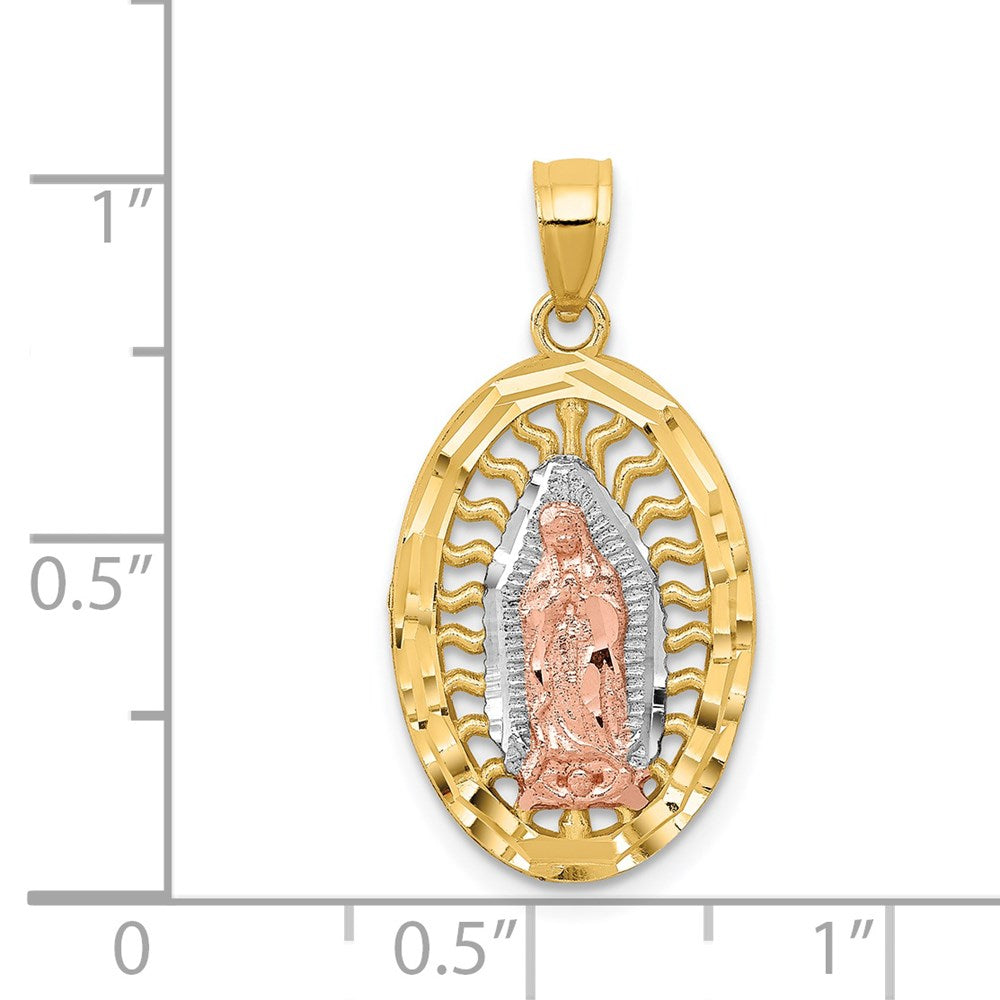 Million Charms 14K Two-Tone With White Rhodium-plated Diamond-Cut Oval (Cubic Zirconia) CZ Lady Of Guadalupe Pendant