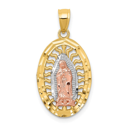 Million Charms 14K Two-Tone With White Rhodium-plated Diamond-Cut Oval (Cubic Zirconia) CZ Lady Of Guadalupe Pendant