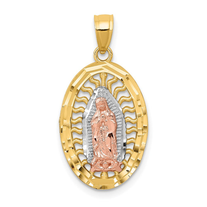 Million Charms 14K Two-Tone With White Rhodium-plated Diamond-Cut Oval (Cubic Zirconia) CZ Lady Of Guadalupe Pendant