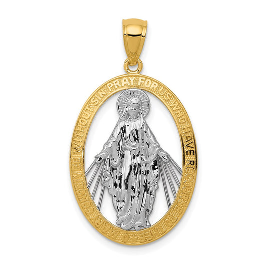 Million Charms 14K Yellow Gold Themed With Rhodium-plated Polished Religious Miraculous Medal Pendant