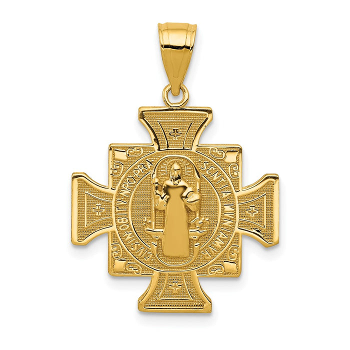 Million Charms 14K Yellow Gold Themed San Benito 2-Sided Relgious Cross Pendant