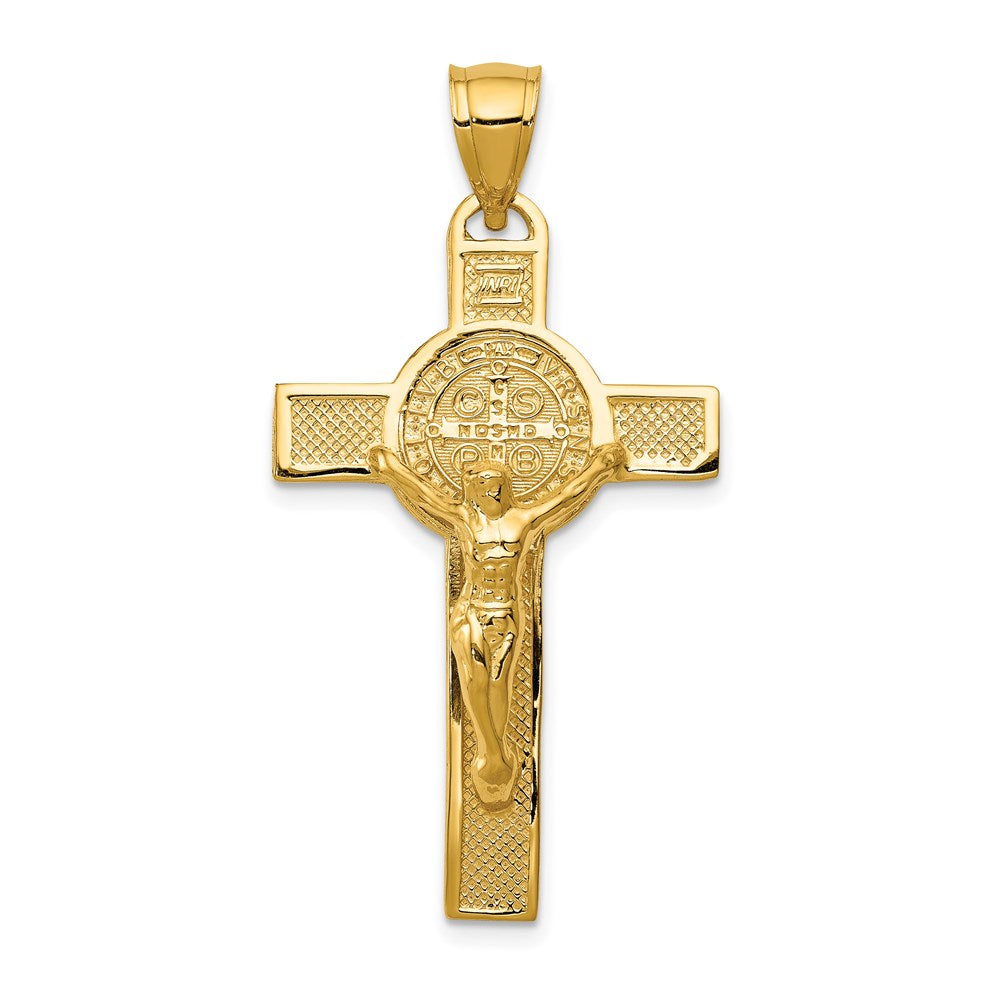 Million Charms 14K Yellow Gold Themed San Benito 2-Sided Relgious Crucifix Pendant