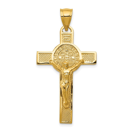 Million Charms 14K Yellow Gold Themed San Benito 2-Sided Relgious Crucifix Pendant
