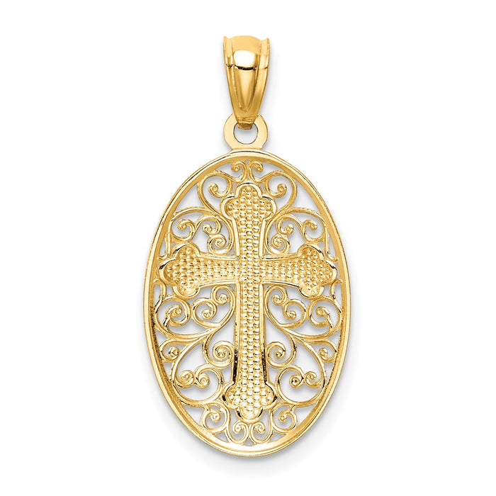 Million Charms 14K Yellow Gold Themed With Rhodium-plated Diamond-Cut Relgious Cross In Filigree Charm