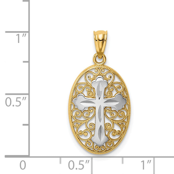 Million Charms 14K Yellow Gold Themed With Rhodium-plated Diamond-Cut Relgious Cross In Filigree Charm