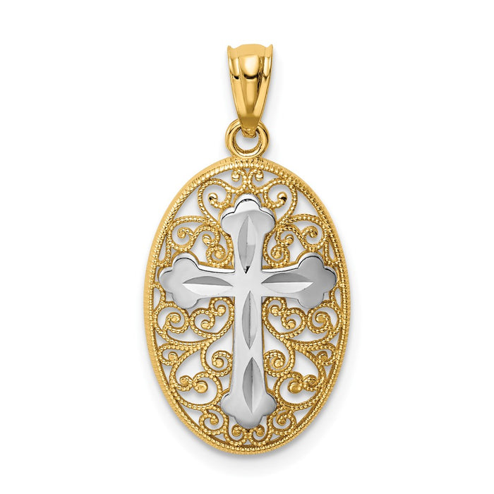 Million Charms 14K Yellow Gold Themed With Rhodium-plated Diamond-Cut Relgious Cross In Filigree Charm