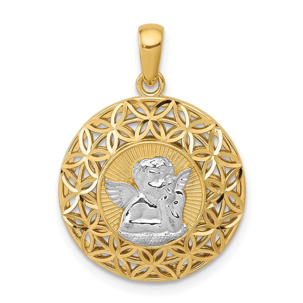 Million Charms 14K Yellow Gold Themed With Rhodium-plated Polished Filigree Guardian Angel Pendant