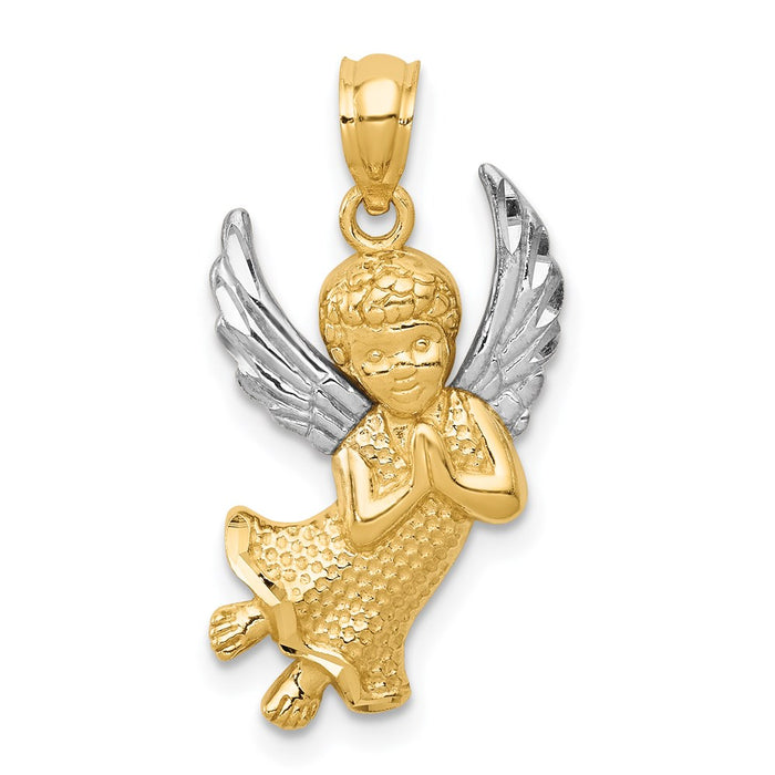 Million Charms 14K Yellow Gold Themed With Rhodium-plated Diamond-Cut Praying Angel Pendant