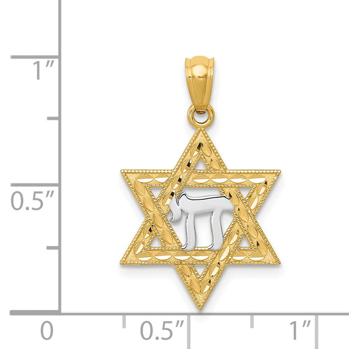 Million Charms 14K Yellow Gold Themed With Rhodium-plated Religious Jewish Star Of David With Chai Pendant