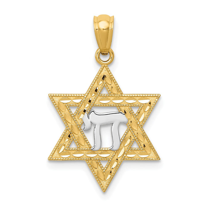 Million Charms 14K Yellow Gold Themed With Rhodium-plated Religious Jewish Star Of David With Chai Pendant