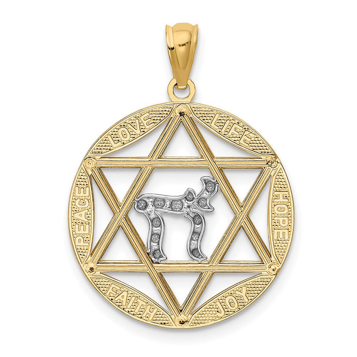 Million Charms 14K Yellow Gold Themed With Rhodium-plated Religious Jewish Star Of David With Chai Diamond-Cut Circle Pendant