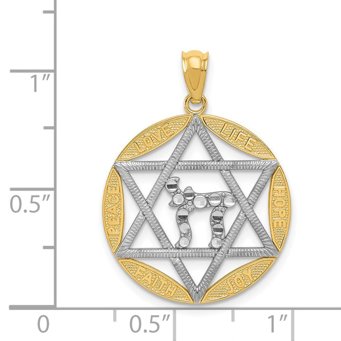 Million Charms 14K Yellow Gold Themed With Rhodium-plated Religious Jewish Star Of David With Chai Diamond-Cut Circle Pendant