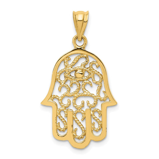 Million Charms 14K Yellow Gold Themed Polished Filigree Hamsa Pendant